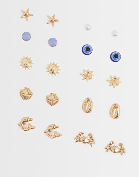 Accessorize pack of 10 holiday vibes stud earrings in gold - view 1