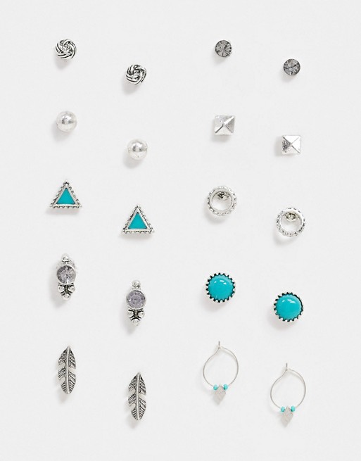 Accessorize pack of 10 stud set in silver
