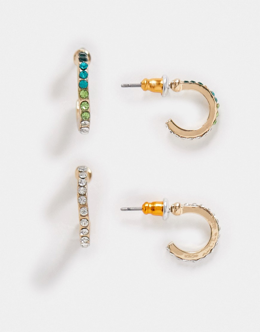 Accessorize pack of 2 huggie earrings in clear and rainbow diamante-Gold