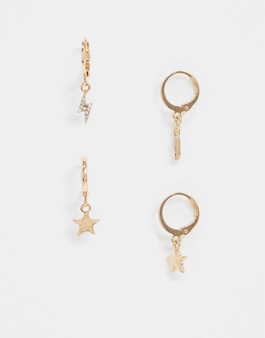 Accessorize pack of 2 huggie hoop earrings with star and lightning bolt drop in gold
