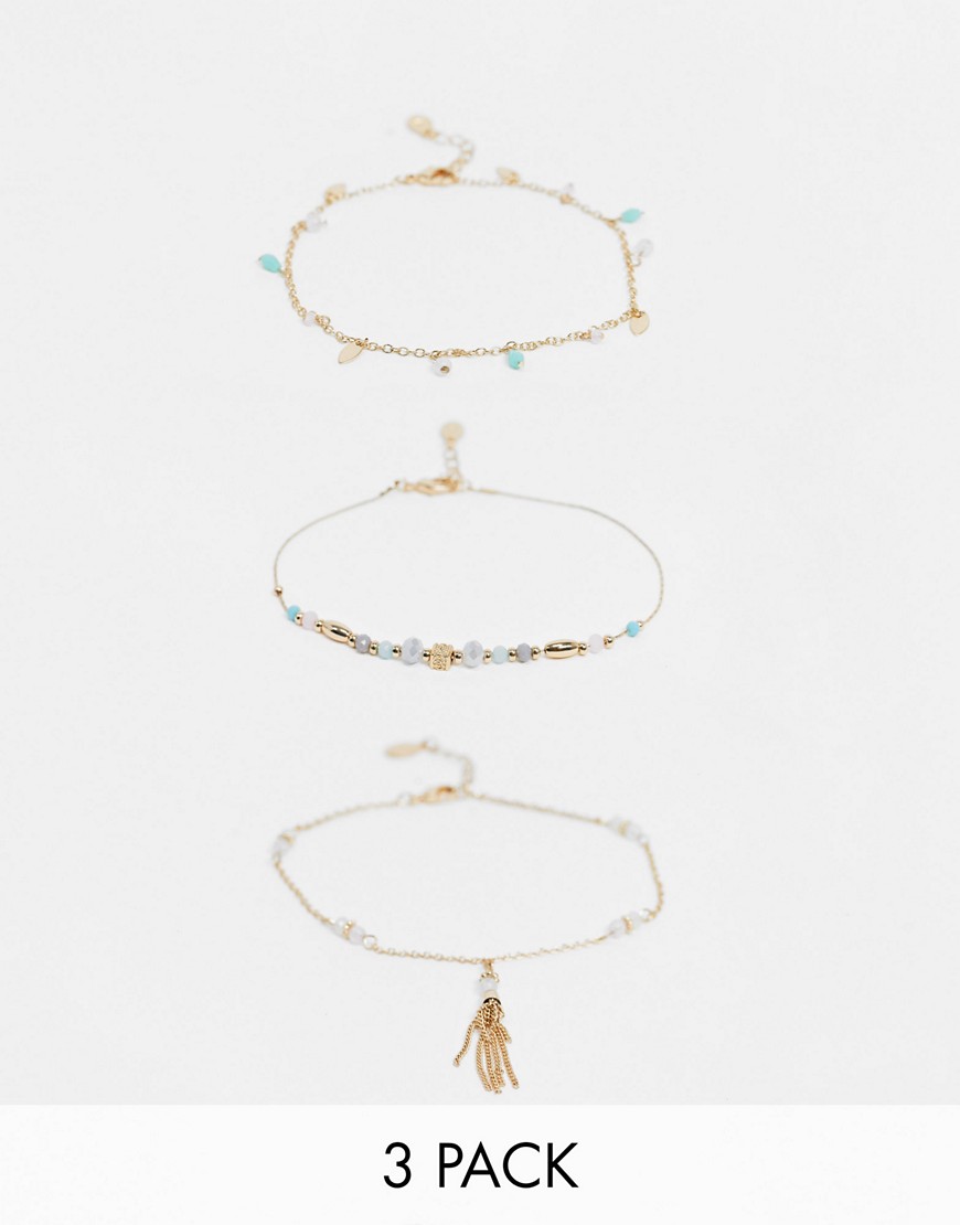 Accessorize pack of 3 anklets with beads in gold