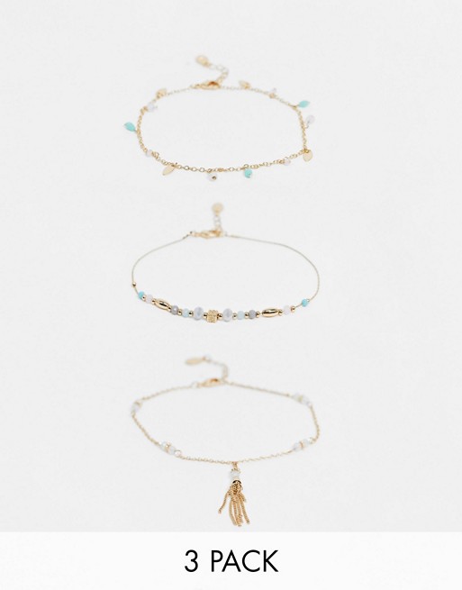 Accessorize pack of 3 anklets with beads in gold