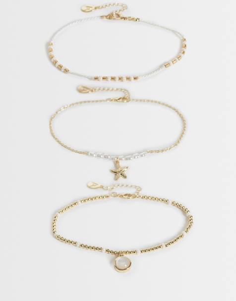 Accessorize pack of 3 faux pearl and moonstone anklets in white - view 1