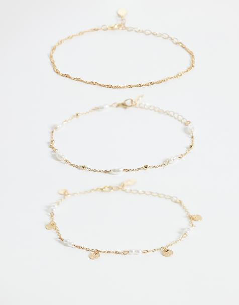 Accessorize pack of 3 faux pearl coin anklet in gold - view 1