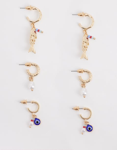 Accessorize pack of 3 fish hoop earrings in gold - view 1