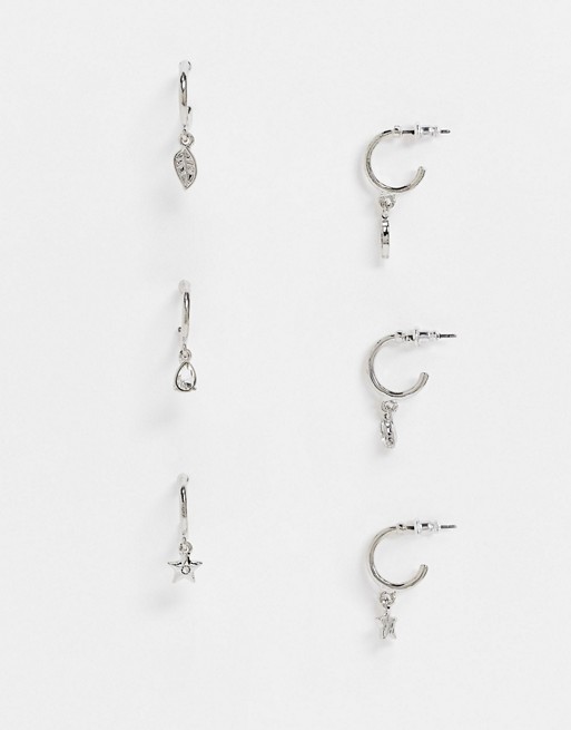 Accessorize pack of 3 huggie hoop earrings with drops in silver