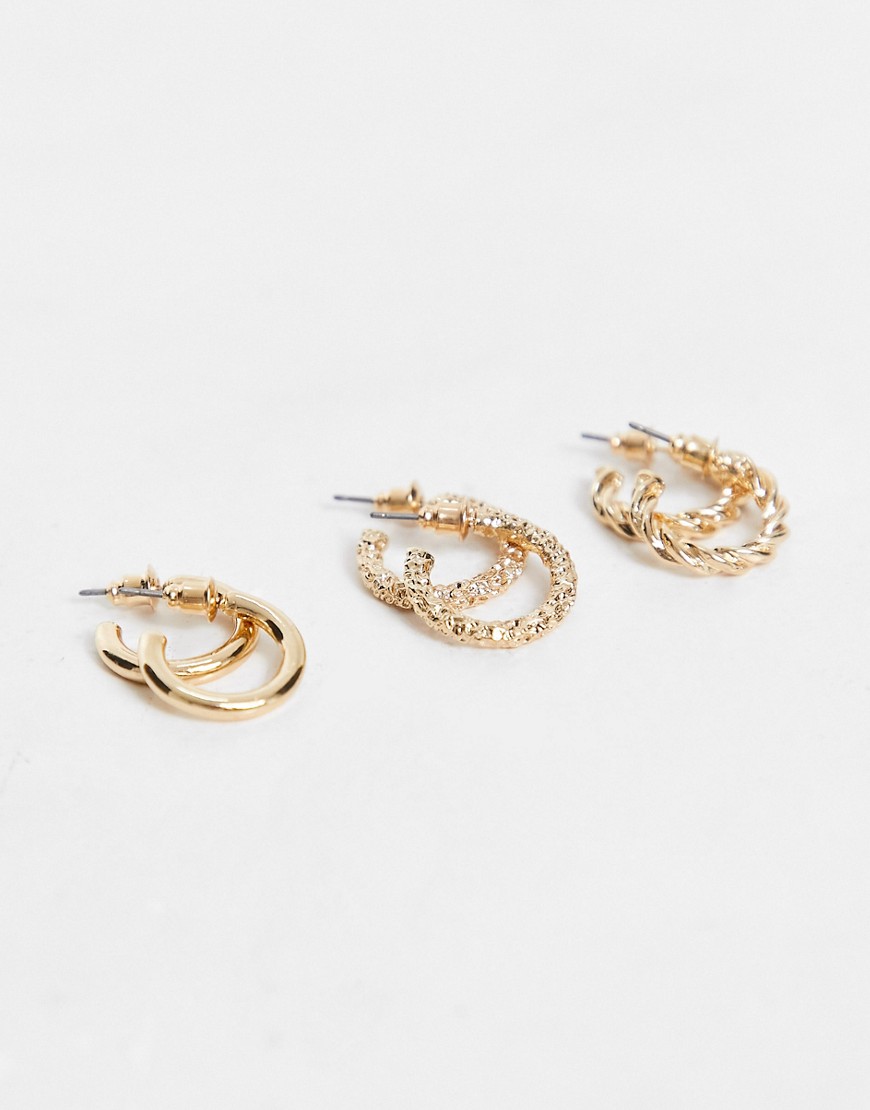 Accessorize pack of 3 textured hoop earrings in gold