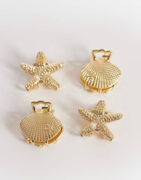 Accessorize pack of 4 mini shell hair claw clips in gold - view 1