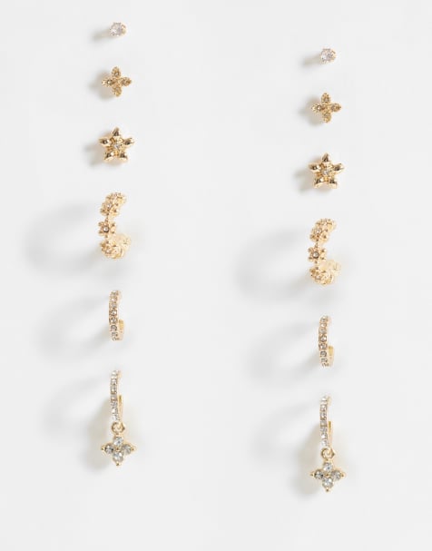 Accessorize pack of 6 diamante flower earrings in gold - view 1