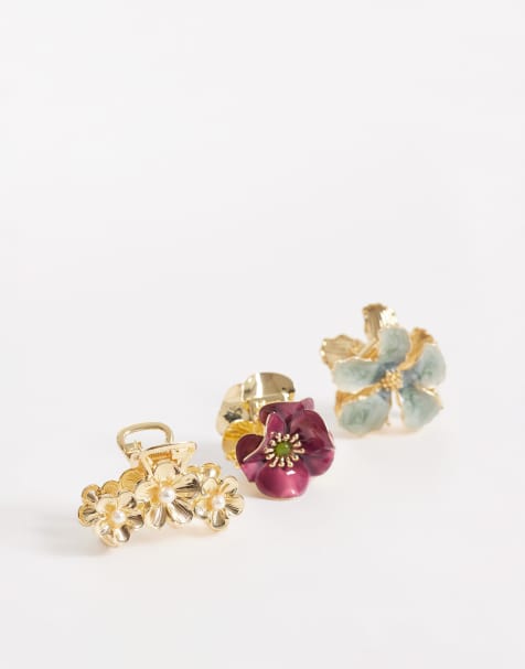 Accessorize - Pakke med 3 guldfarvede hårklemmer i metal og emalje med blomsterdesign - view 1