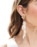[Accessorize] Accessorize pearl and shell statement long drop earrings in gold-White No Size WHITE