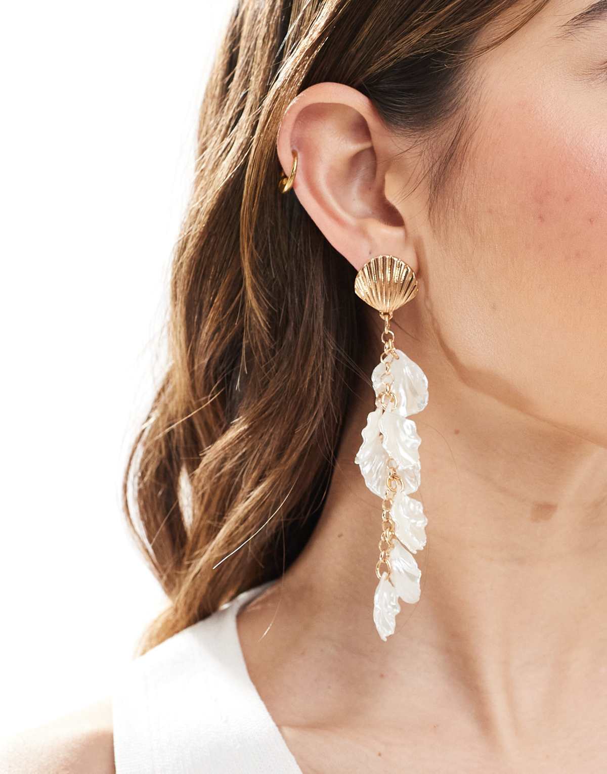 Accessorize pearl and shell statement long drop earrings in gold