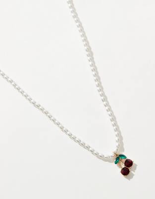 Accessorize Pearl Beaded Necklace With Cherry Pendant In White