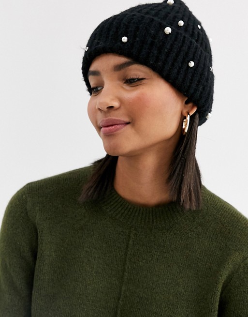 Accessorize pearl knitted beanie in black