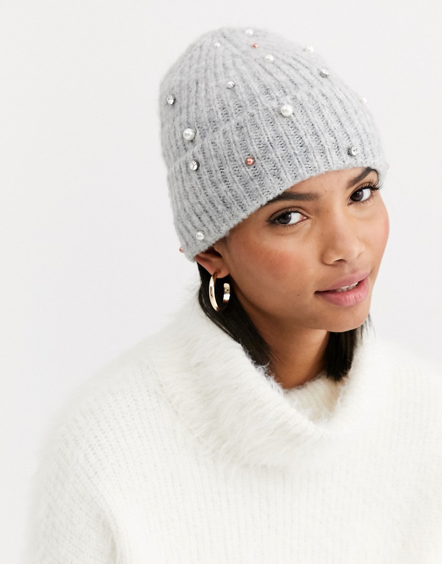 Accessorize pearl knitted beanie in grey