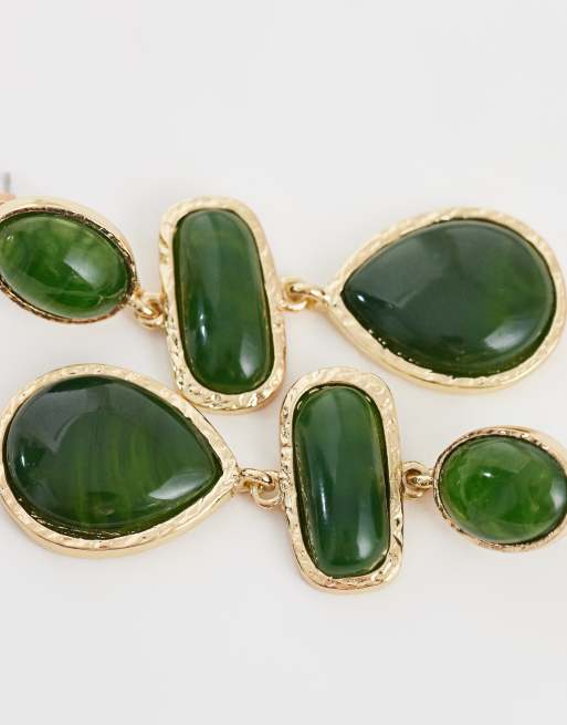 Accessorize - Pendientes largos dorados llamativos con tres piedras verdes, 4 de 4