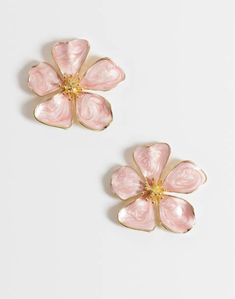 Accessorize pink enamel statement flower stud earrings in gold - view 1