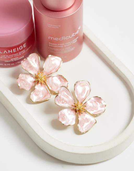 Accessorize pink enamel statement flower stud earrings in gold, 2 of 4