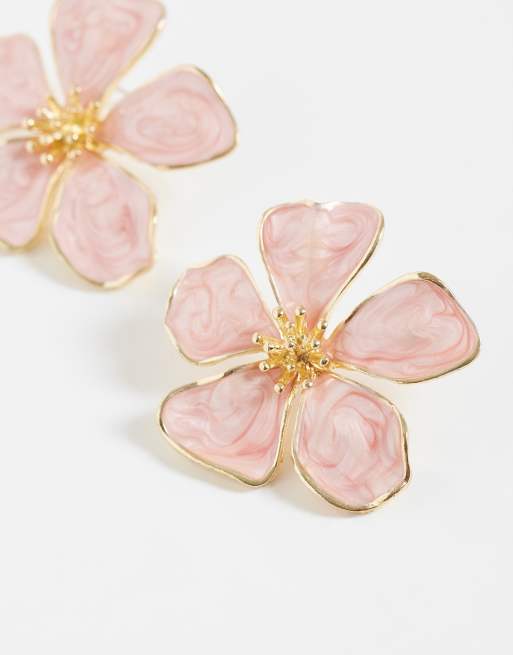 Accessorize pink enamel statement flower stud earrings in gold, 4 of 4