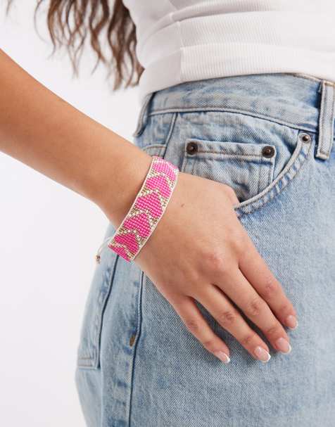 Accessorize - Pink vævet armbånd med perler og hjertedesign - view 1
