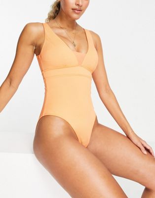 Accessorize Plunge Front With Mesh Insert Ribbed Swimsuit In Coral-orange