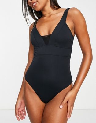 Accessorize plunge front with mesh insert swimsuit in black