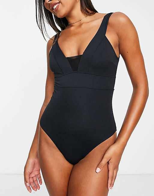Accessorize plunge front with mesh insert swimsuit in black