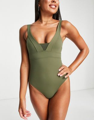 Accessorize plunge front with mesh insert swimsuit in khaki