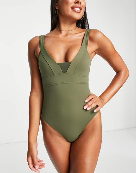 Accessorize plunge front with mesh insert swimsuit in khaki - view 1