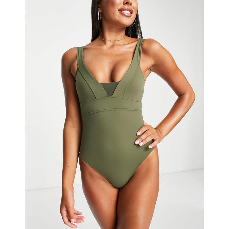 Accessorize plunge front with mesh insert swimsuit in olive