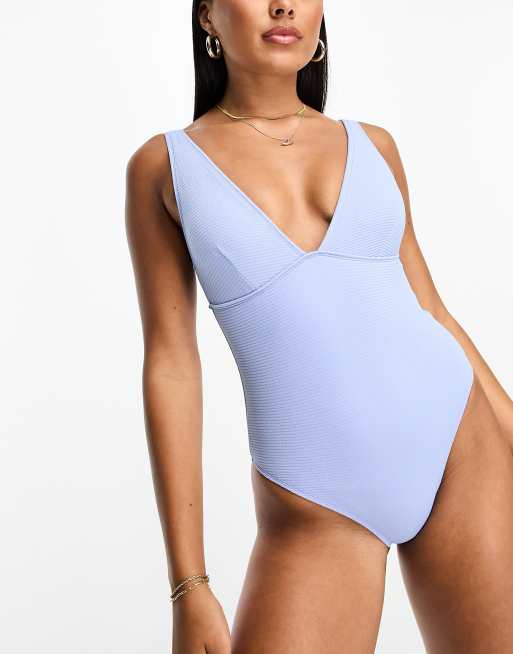 Accessorize plunge v crinkle swimsuit in cornflower blue