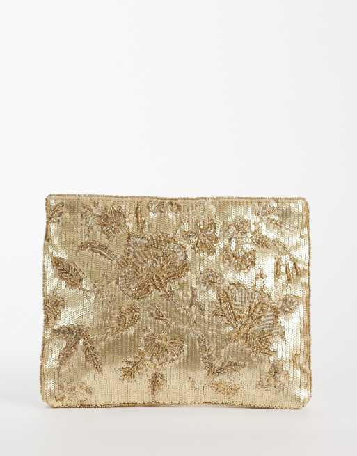 Accessorize - Pochette color oro con zip e ricami floreali