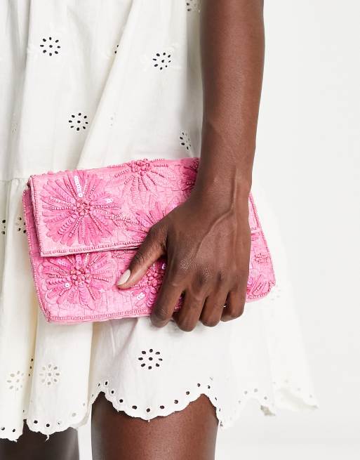 Accessorize - Pochette piccola in paglia con perline, colore rosa