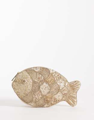 Accessorize - Pochette porte-monnaie en forme de poisson à perles - Doré