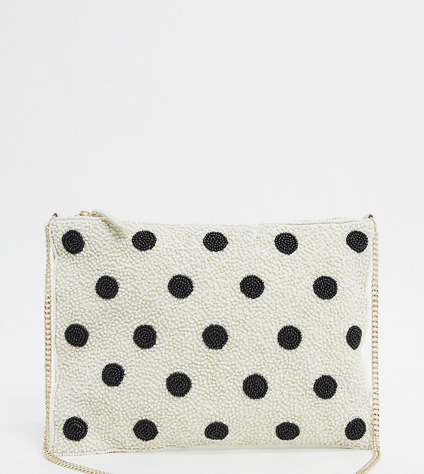 Accessorize polka dot beaded clutch with chain in white