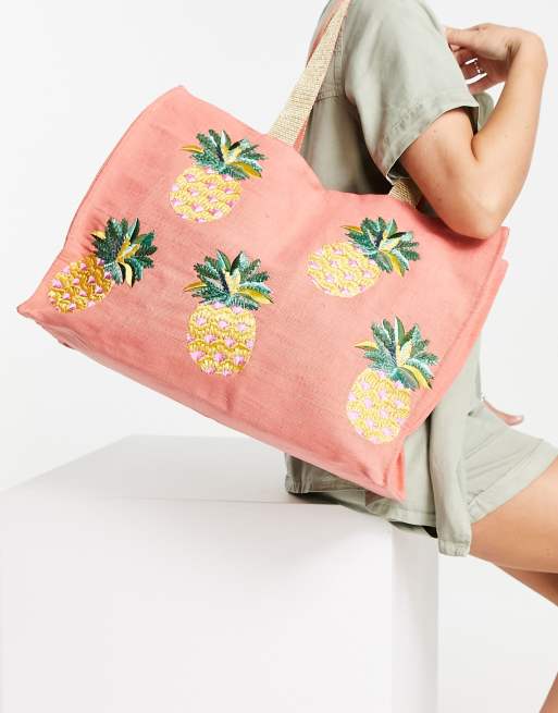 Accessorize – Pomarańczowa torba plażowa typu tote z haftowanym wzorem w ananasy
