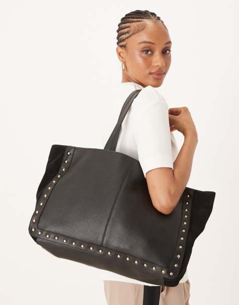 Accessorize premium leather and suede mix stud detail tote bag in black - view 1