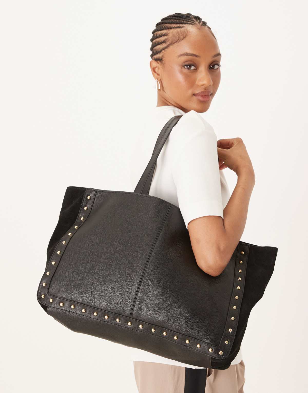 Accessorize premium leather and suede mix stud detail tote bag in black