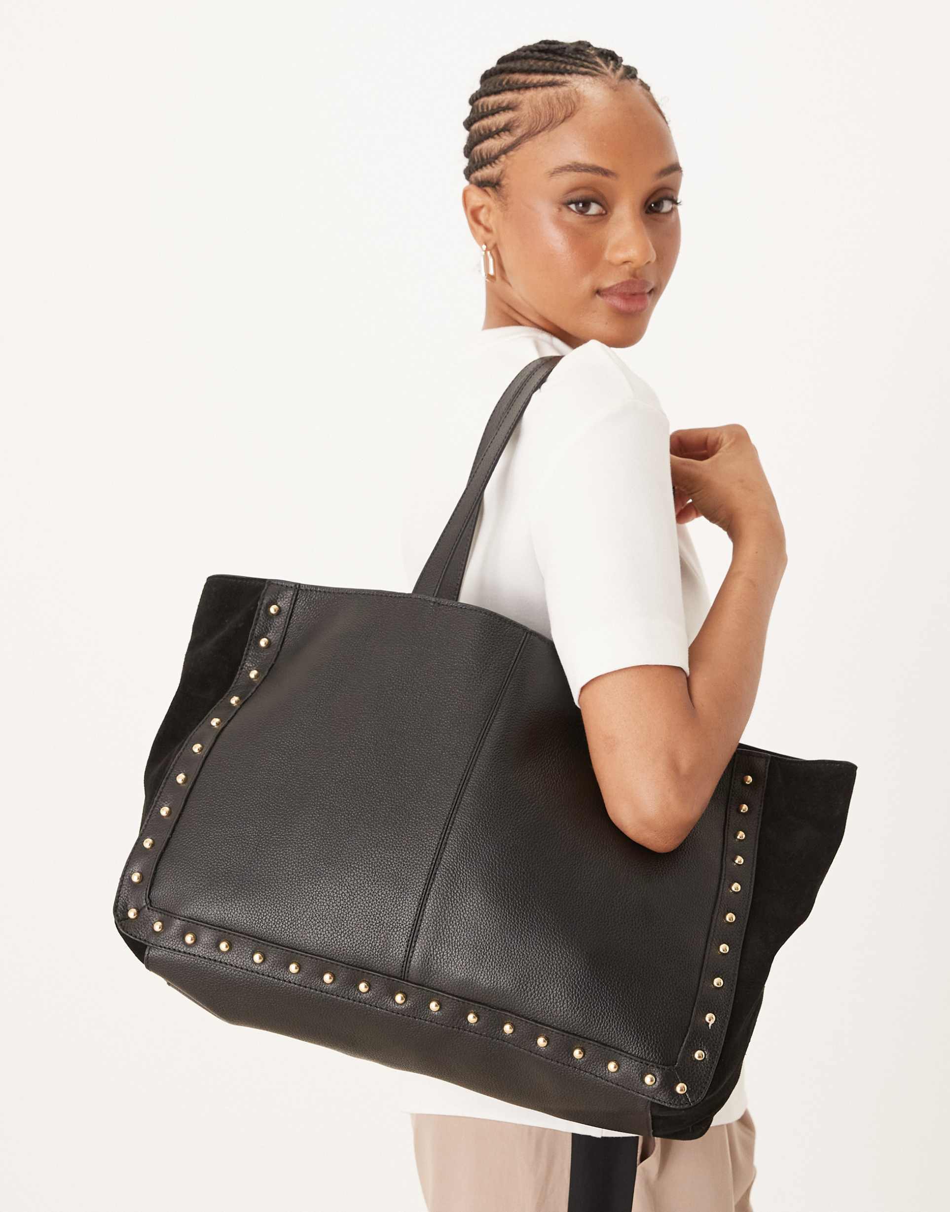 accessorize premium leather and suede mix stud detail tote bag in black