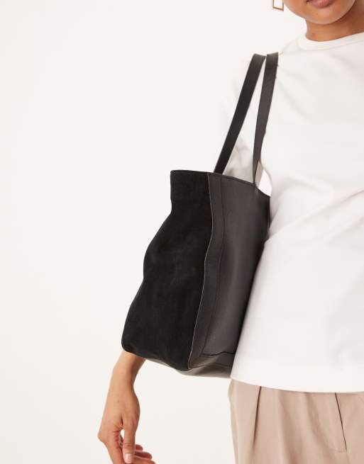 Accessorize premium leather and suede mix stud detail tote bag in black |  ASOS