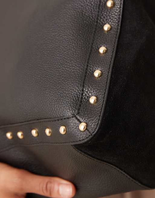 Accessorize premium leather and suede mix stud detail tote bag in black |  ASOS