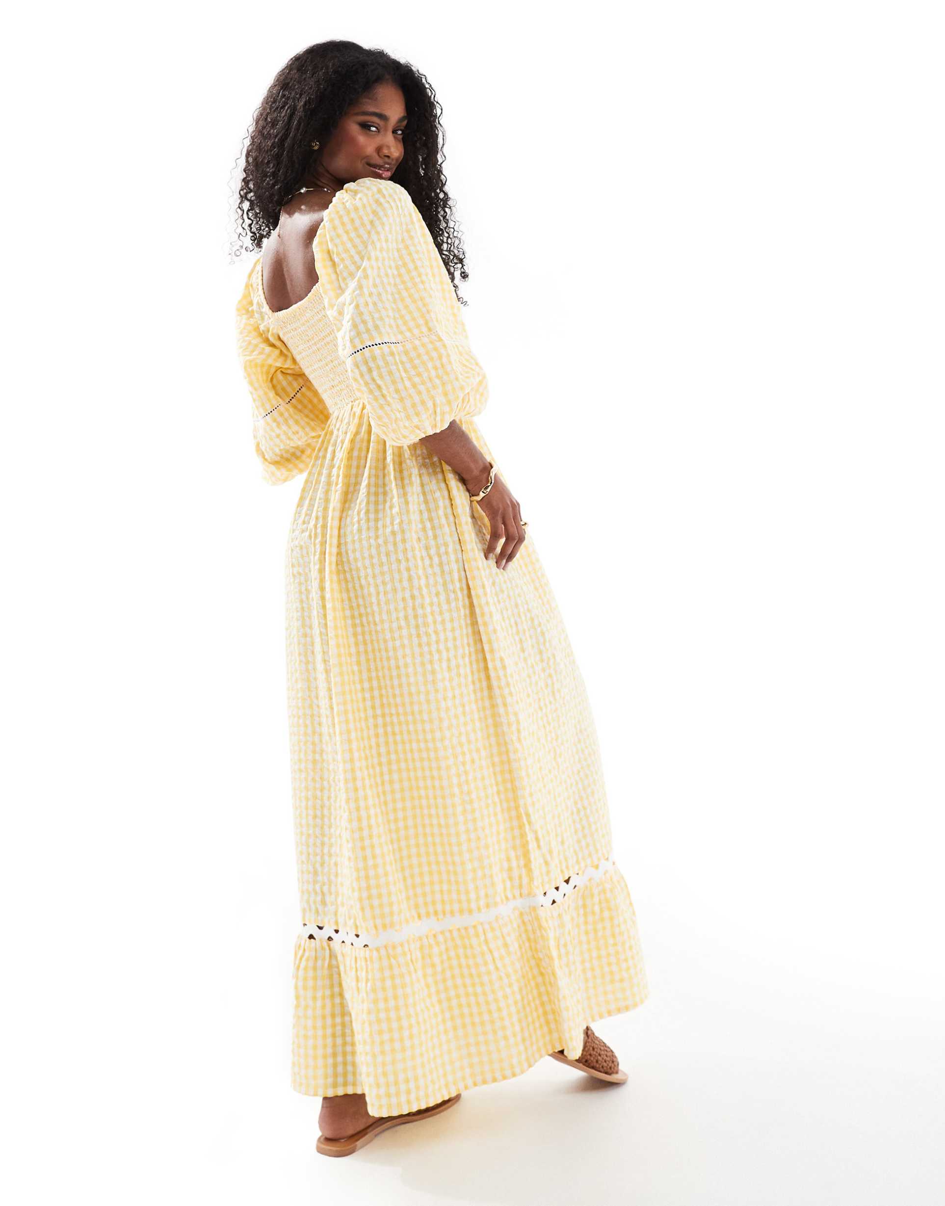 accessorize puff sleeve gingham maxi beach dress in orange