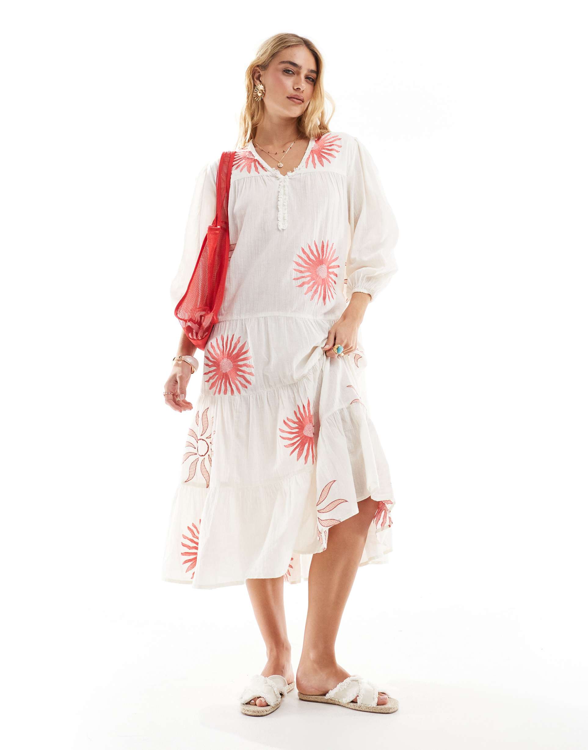 accessorize puff sleeve midi beach dress in summer sun print