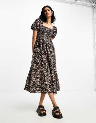 Accessorize puff sleeve shirred bodice maxi summer dress in leopard print-Multi