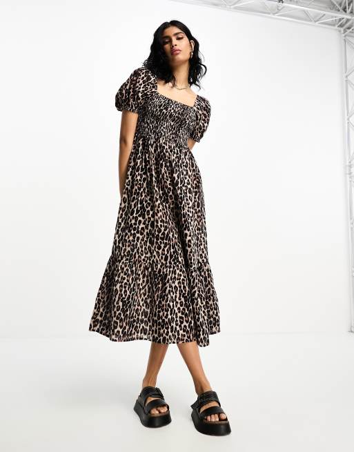 Accessorize puff sleeve shirred bodice maxi summer dress in leopard ...