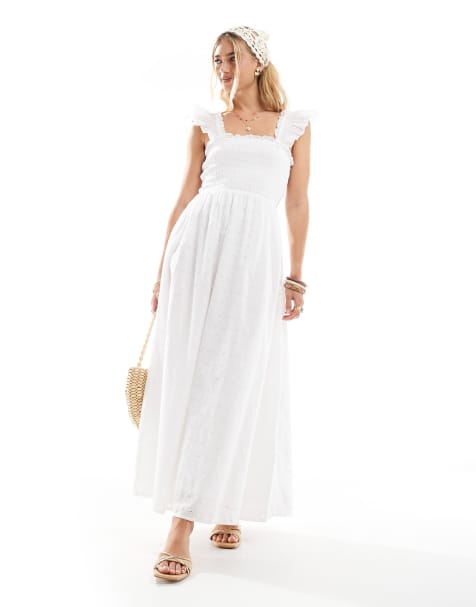 Accessorize puff sleeve shirred midi beach dress in cream - view 1