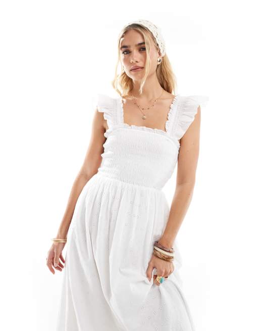 Accessorize puff sleeve shirred midi beach dress in cream, 2 of 4