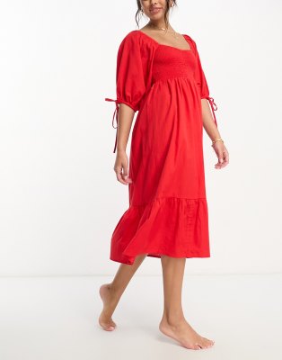 Accessorize Accessorize puff sleeve textured midi beach summer dress in red