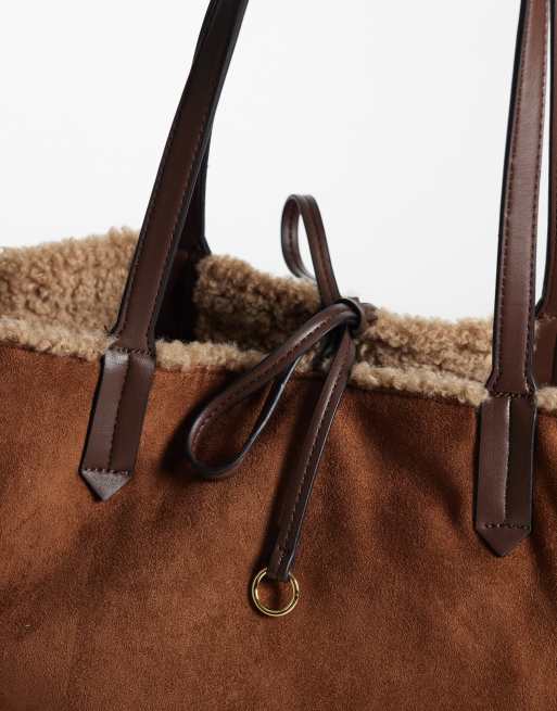 Accessorize reversible shearling tote in cream and tan, 3 of 4