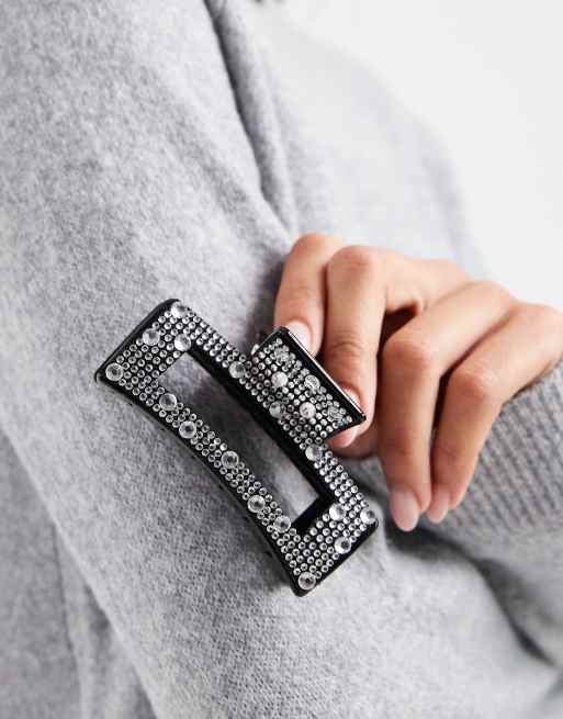 Pince à Cheveux Claw Clip Argent - Strass Et Cristaux Opale Clair - 4cm